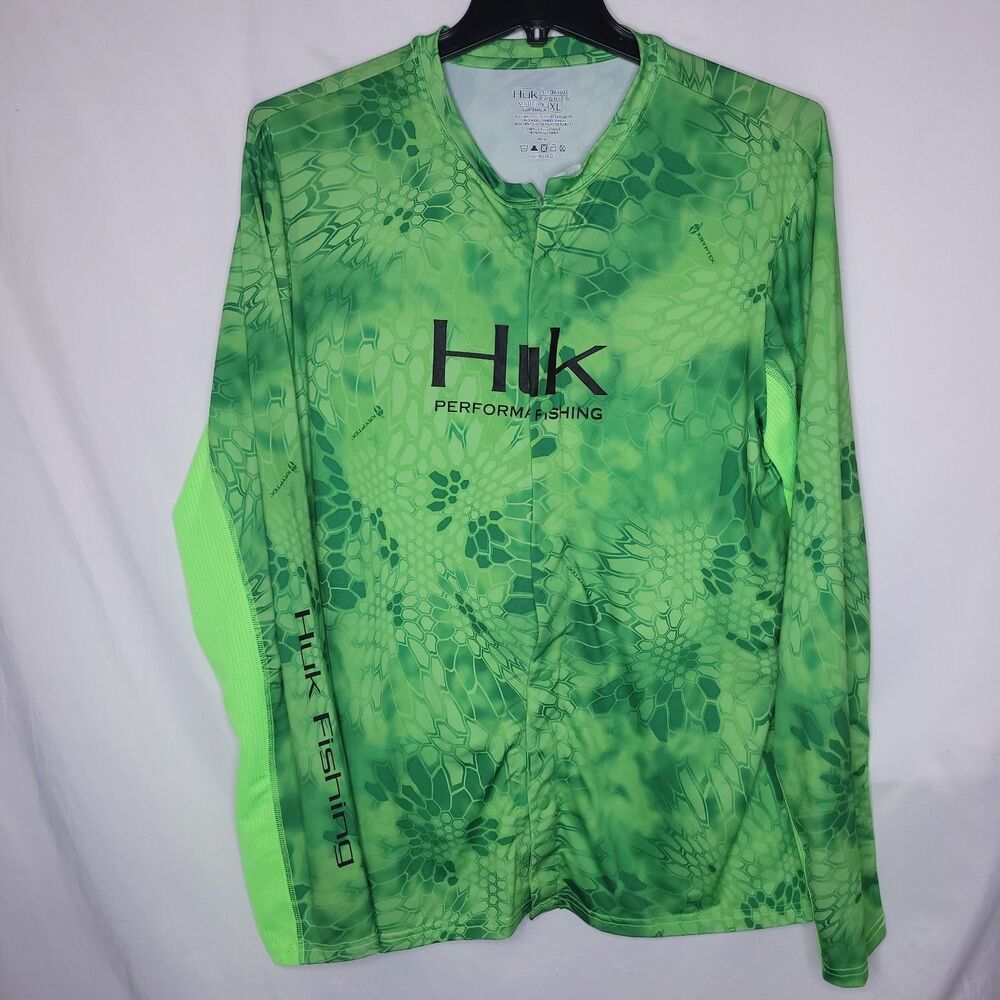 Huk Shirt Mens XL Green Neon Camo Kryptek Performance Snap Button